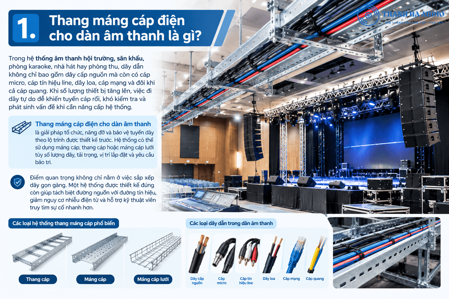 Thang máng cáp giúp sắp xếp dây nguồn, dây loa và cáp tín hiệu gọn gàng trong hệ thống âm thanh.